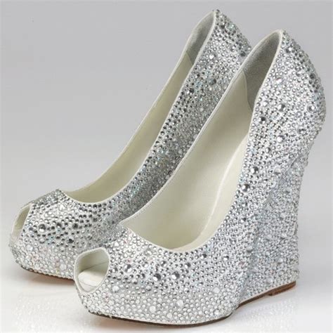 Silver Wedding Heels Rhinestone Peep Toe Wedge Heel Pumpsfsjshoes