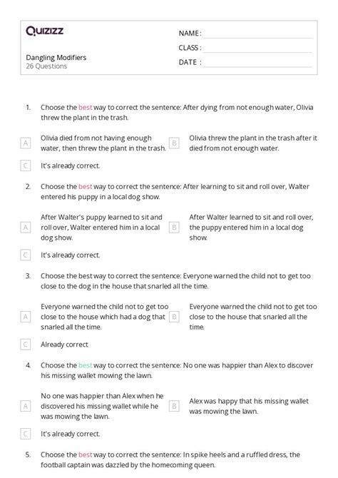 50 Misplaced And Dangling Modifiers Worksheets For 7th Grade On