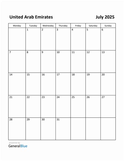 Free Printable July 2025 Calendar For United Arab Emirates