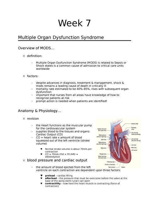 Nursing Care Notes Wk 7 Multiple Organ Dysfunction Syndrome Week 7