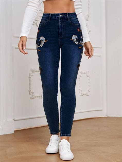 SHEIN LUNE Floral Embroidery Skinny Jeans SHEIN USA