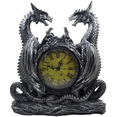 Mythical Dragon Duo Antique Look Desk Clock With Roman Numerals For