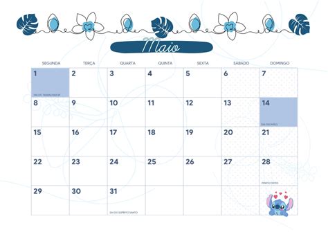 Calendario Mensal Stitch Maio Fazendo A Nossa Festa