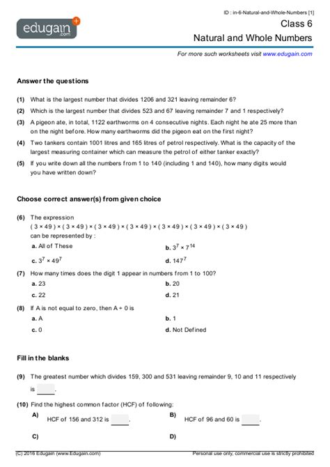 Grade 6 Natural And Whole Numbers Math Practice Questions Tests