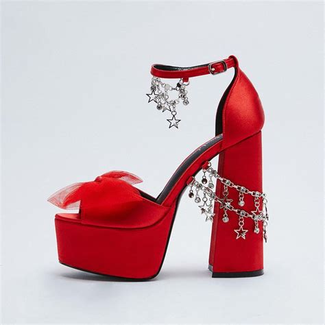 Peep Toe Star Chain Bow Ankle Strap Platform Pumps with Chunky Heels in ...