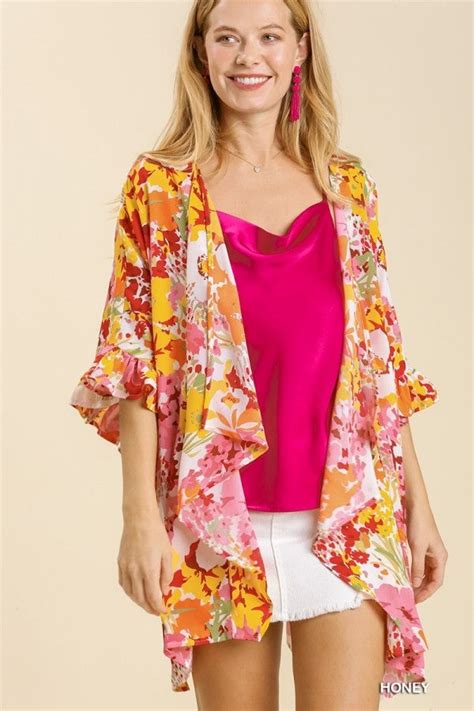 Umgee Floral Print Kimono With Ruffled Sleeves In Honey Mix June Adel