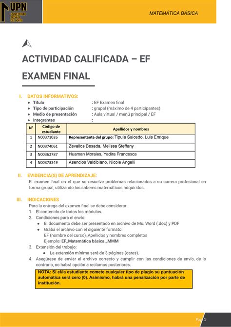 Ef Matem Tica B Sica Grupo Actividad Calificada Ef Examen Final I