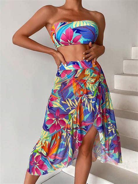 Shein Swim Vcay Tropical Print Bandeau Bikini Swimsuit With Beach Skirt