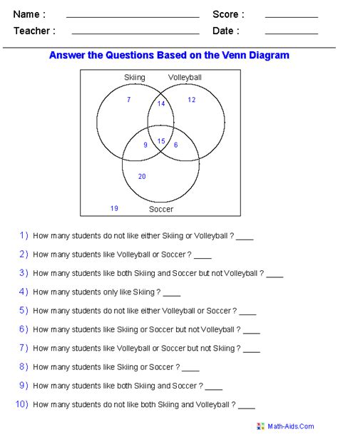 Reading A Venn Diagram Math Workshet Key Venn Diagram Readin