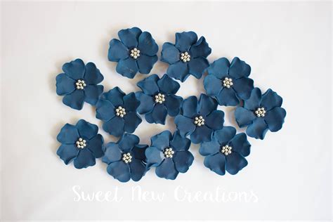 Navy Blue Silver Fondant Flowers Edible Sugar Flowers Flower - Etsy