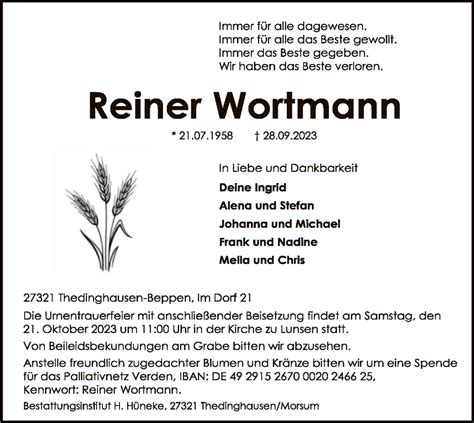 Traueranzeigen Von Reiner Wortmann Trauer Kreiszeitung De