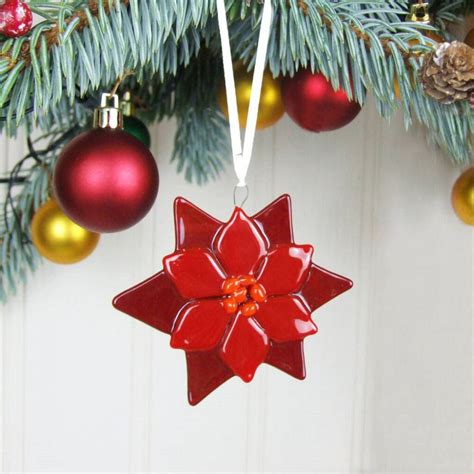 Handmade Fused Glass Poinsettia Christmas Tree Decoration Bauble The