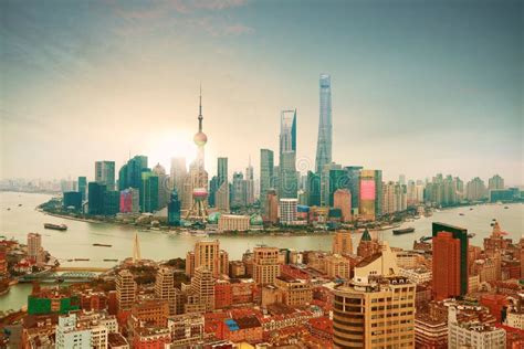 Aerial Photography at Shanghai Bund Skyline of Sunrise Stock Image ...