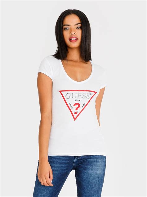 Guess Bling Logo Tee White Guess T Shirts Vests And Camis