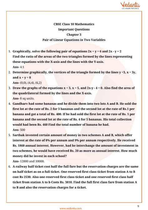 Cbse Class 10 Mathematics Chapter 3 Pair Of Linear Equations In Two