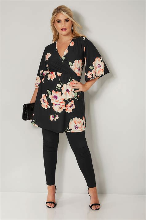 Black Floral Print Wrap Top Plus Size 16 To 36