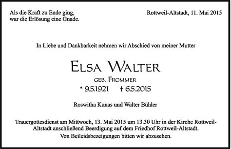 Traueranzeigen von Elsa Walter Schwarzwälder Bote Trauer