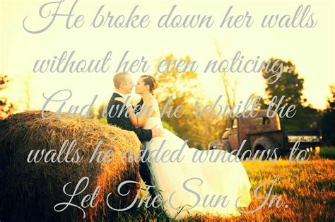 A Bride And Groom Sitting On Hay Bales With The Words He Broke Down