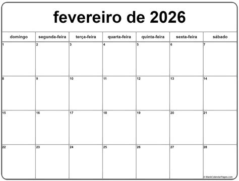 fevereiro de 2026 calendario grátis em português Calendario fevereiro