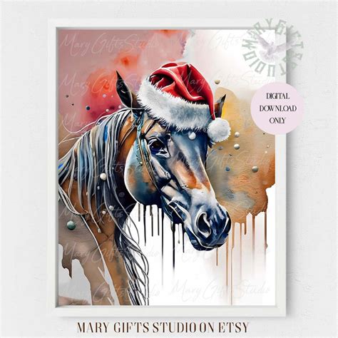 Watercolor Christmas Horse Wearing Santa Hat Horse Western Christmas ...