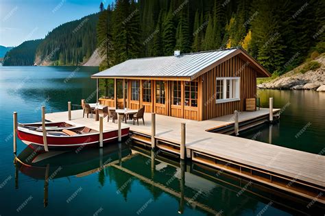 Premium AI Image | A boathouse sits on a dock with a boat dock and a dock.