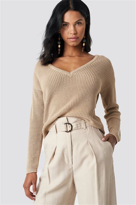 Deep Front V Neck Knitted Sweater Beige Fashion Beige Sweater Sweaters