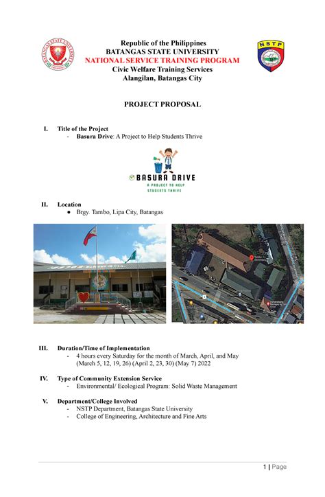 Project Proposal Sample Republic Of The Philippines Batangas State University National Service