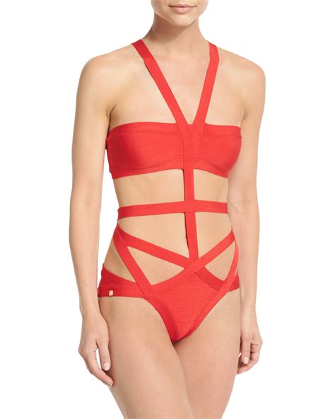 Hervé léger Cutout Bandage One piece Swimsuit in Orange Lyst