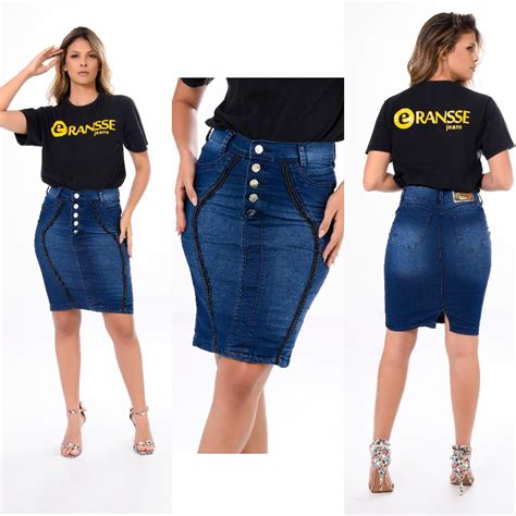 Saia Jeans Secretaria Botoes Faixa Frontal Shopee Brasil