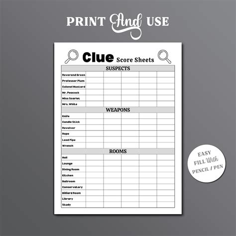 Clue Score Sheet Clue Board Game Score Sheet Clue Score Card Clue