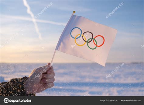 Olympic Flag Small Hand Flutters Backdrop Snow Trees Concept Winter ...