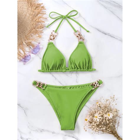 Sexy Bikini Swimsuit Women Ring Linked Halter Bikini Set Swimwear High Leg Bathing Suit Beach