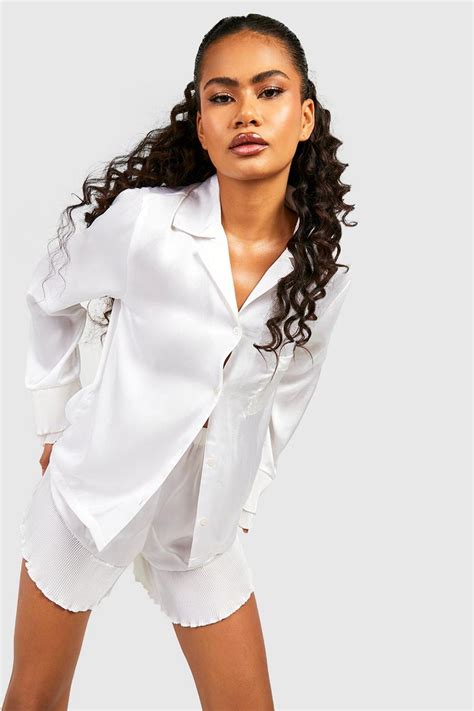 Pleated Frill Satin Shirt And Short Set Boohoo Uk