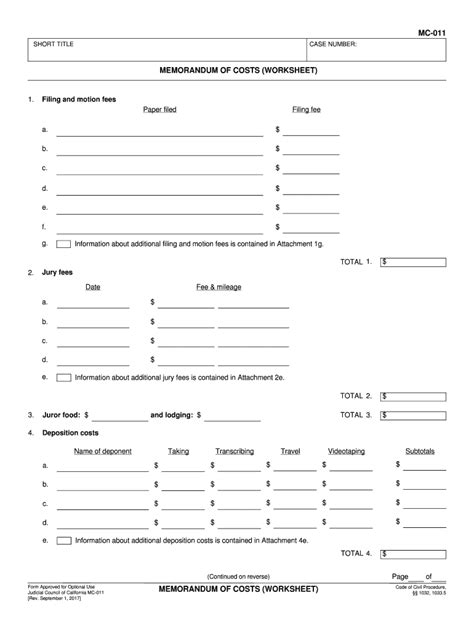 California Memorandum Costs Worksheet 2017 2024 Form Fill Out And