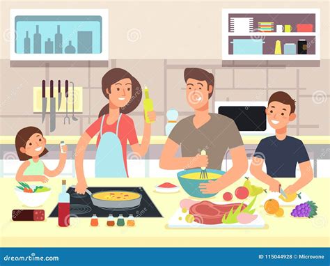 Happy Family Cooking. Mother and Father with Kids Cook Dishes in ...