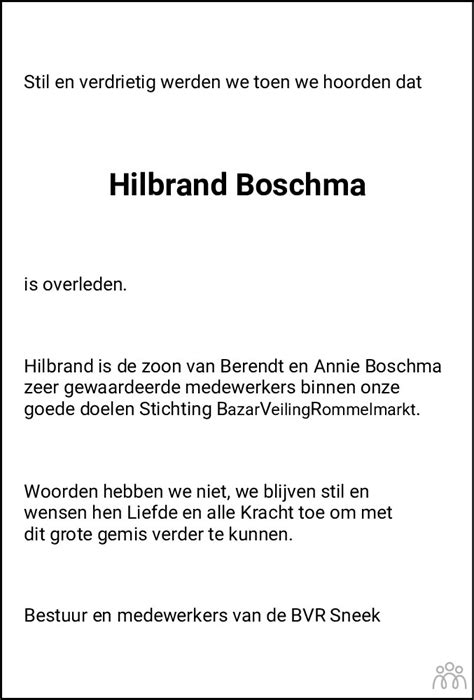 Hilbrand Boschma 01 04 2023 Overlijdensbericht En Condoleances