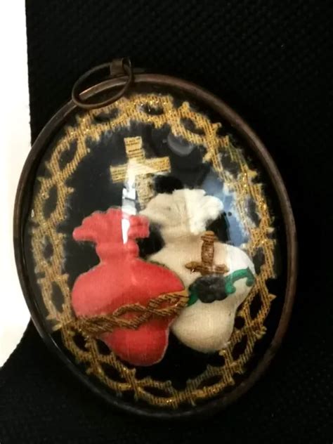 ANCIEN RELIQUAIRE CŒUR de Marie Coeur de Jesus Ex Voto cousu au fil d