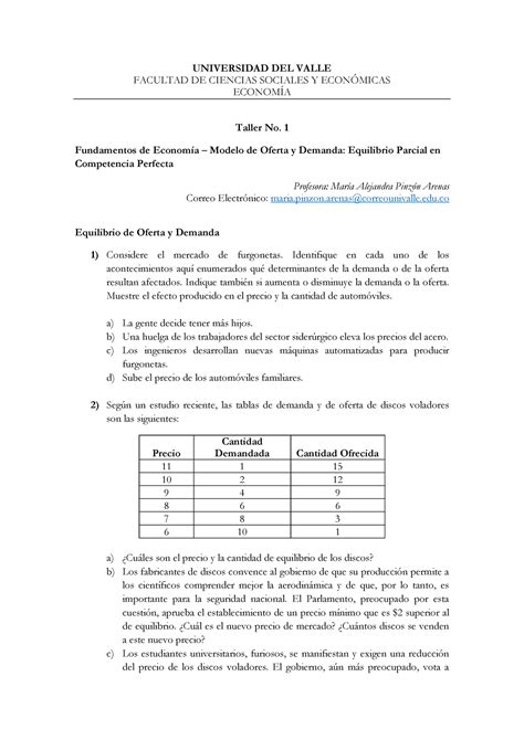 Fundamentos De Econom A Taller Universidad Del Valle Facultad De