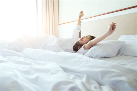 Morning Wake Up Woman Waking Stretching In Bed Healthy Lifestyle Stock Image Image Of