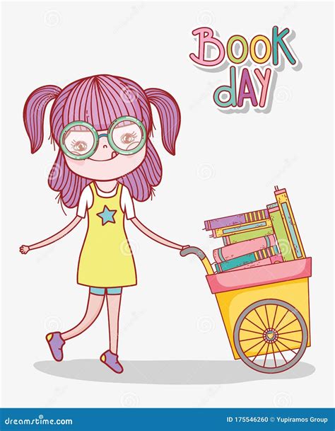 Cute Girl With Glasses And Cart With Books Stock Vector Illustration