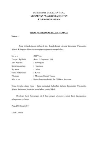 Surat Penyataan Belum Menikah Dari Kelurahan PDF