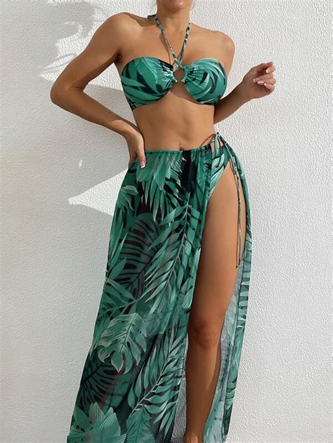 Tropical Print Halter Bikini Swimsuit With Beach Skirt Shein Usa