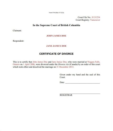 Printable Divorce Certificate Template