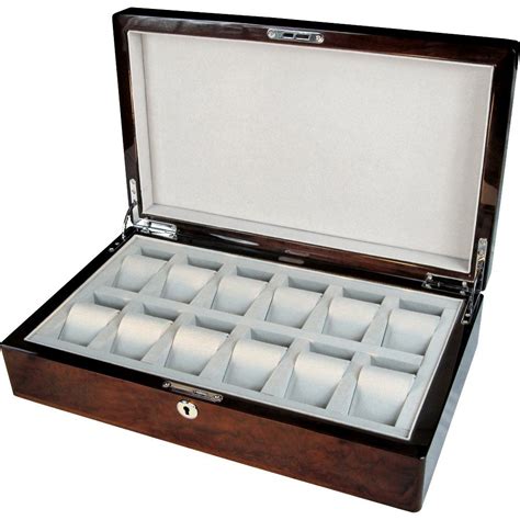 English Burl Walnut 12 Watch Storage Box With Lock Hillwood