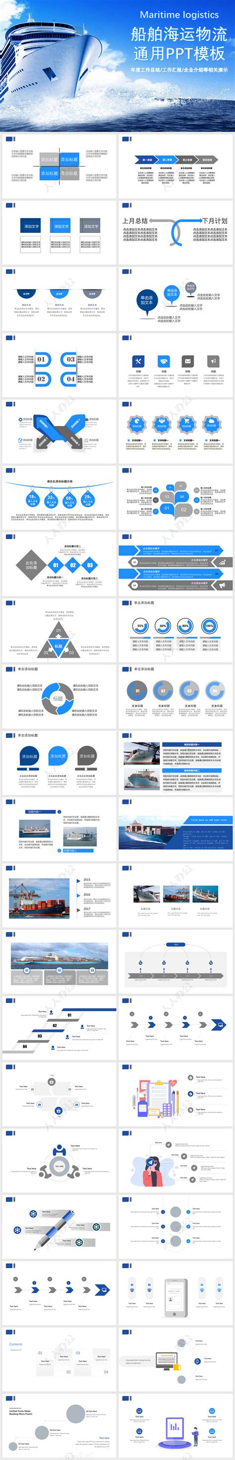 简洁蓝色风格船舶海运物流通用总结汇报商务演示ppt模板 人人办公