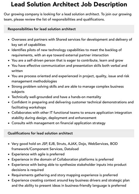 Lead Solution Architect Job Description Velvet Jobs