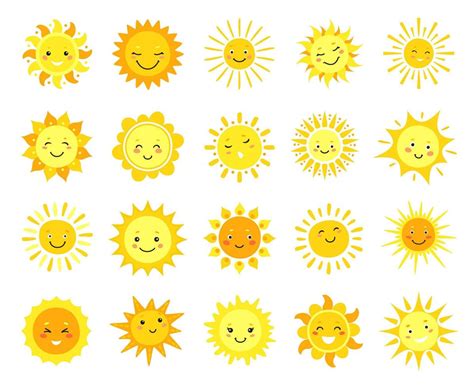 Cute sun. Cartoon sunny emoji, happy yellow sun characters with smile, sunshine emoticon, funny ...