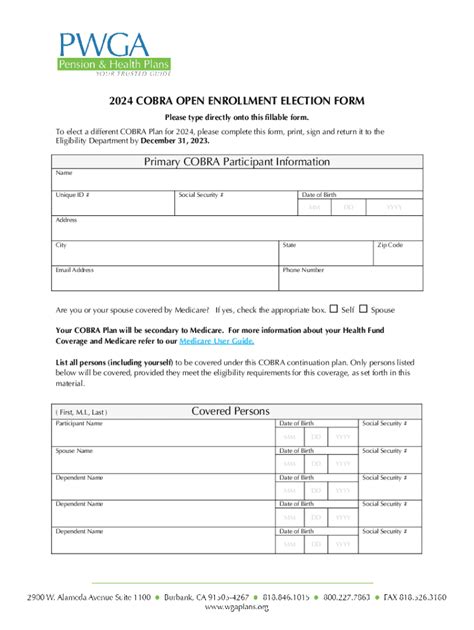 Fillable Online Cobra Open Enrollment Election Form Primary