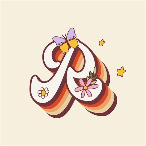 Premium Vector Groovy Retro Hippie Stylized Initial Letter R With Flowers Seventies Letter For