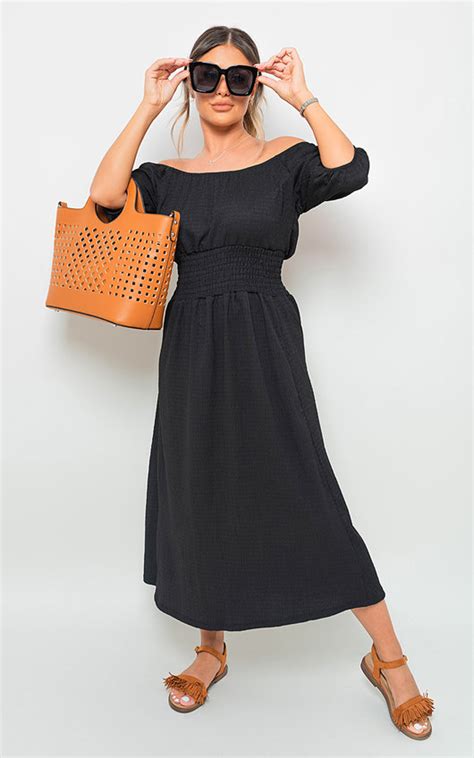 Isabelle Off Shoulder Shirred Waist Mini Dress In Black Ikrush